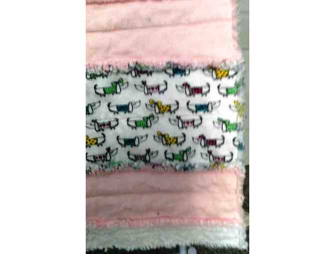 Dachshund motif baby blanket in blues and pinks