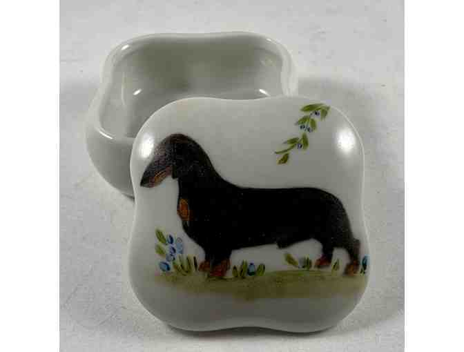 Porcelain Covered Box with Black and Tan painted dachshund - Vintage! - Made in Japan!