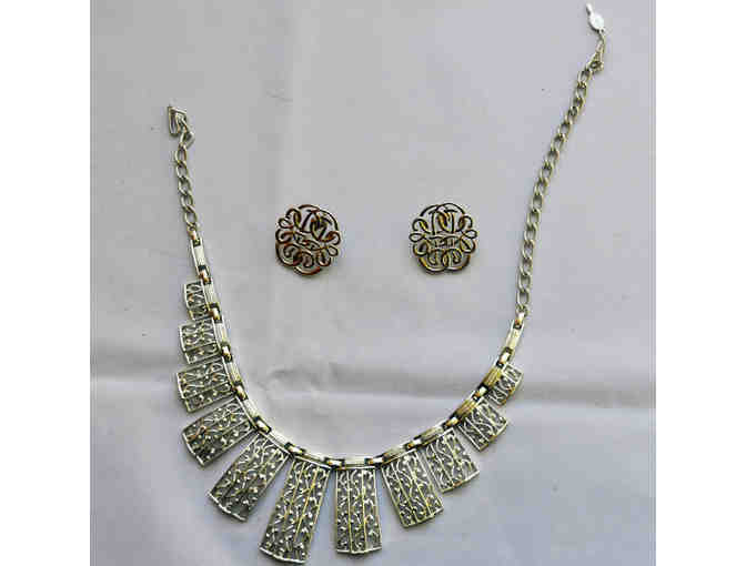 Silver Colored Filigree Bib Necklace and Earrings