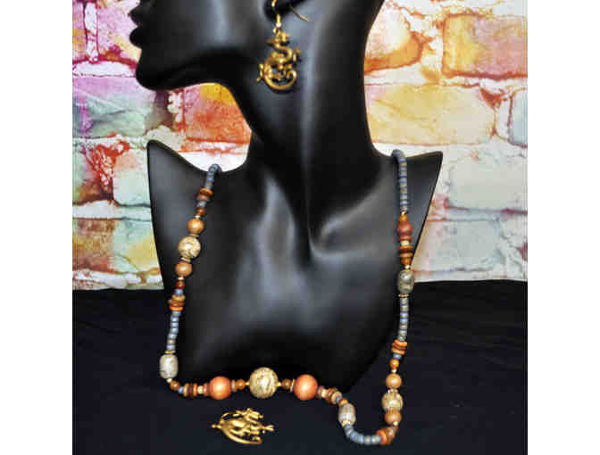 Wood, Stone, and Metal Bead Necklace 30' and Gold Colored Metal Dragon Earrings