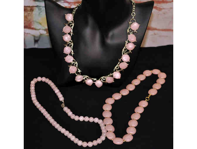 Three Pink Necklaces: Stone Beads 18', Plastic Flat Beads 16', Silver and Resin Adjustable