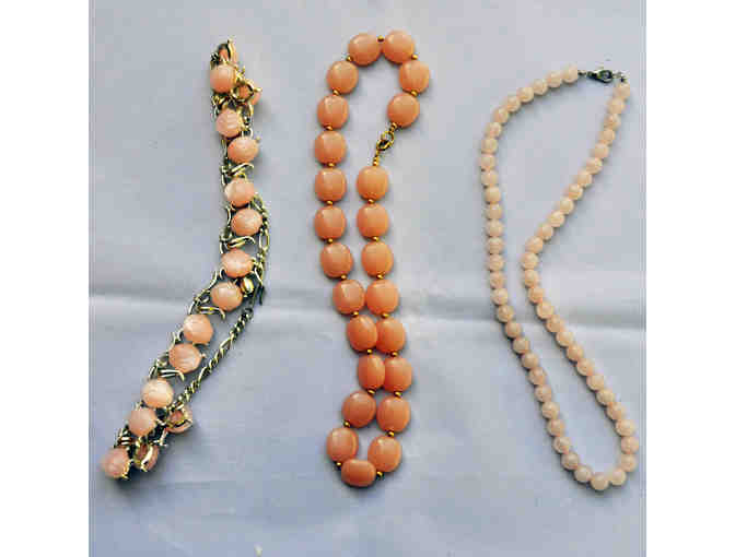 Three Pink Necklaces: Stone Beads 18', Plastic Flat Beads 16', Silver and Resin Adjustable