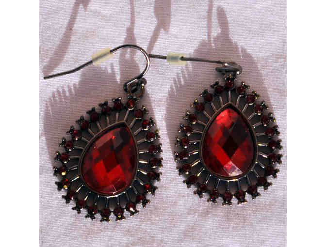 Red Stones In Tear Drop Shaped Earrings on Ear Wires