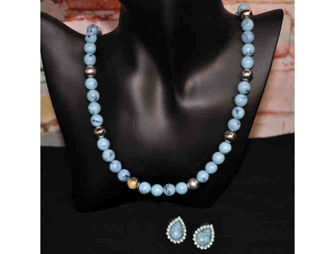 Turquoise and Silver Colored Beaded Necklace 30' and Turquoise Colored Tear Drop Earrings