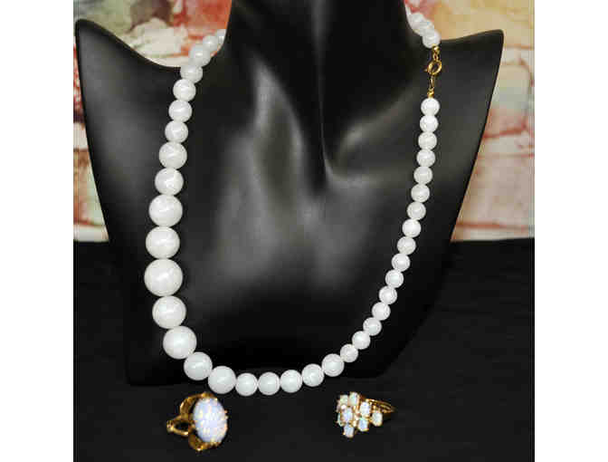 White Resin Beaded Necklace 18' and Two Simulated Opal Rings In Gold Colored Metal