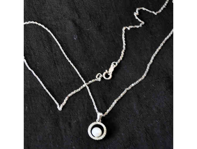 Silver Chain and Round Pendant With Pearl and Stones