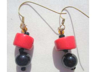BJE 132 GENUINE RED CORAL AND BLACK ONYX EARRINGS!