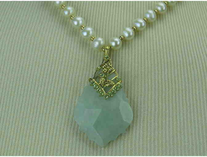 N16:  Carved Jade Enhancer on strand of Beautiful Pearls w/Gold Beads