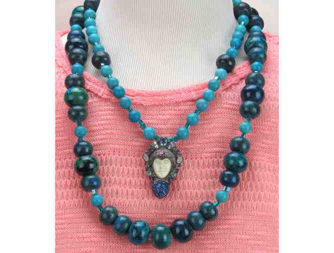 #790: 1/Kind Necklace with Gemstone Elements, Carved MOP w/Precious Gem Bali Goddess!