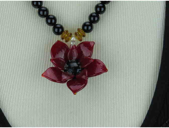1/Kind Romantic, Necklace features Beautiful Art Glass Flower on a strand of Genuine Onyx!