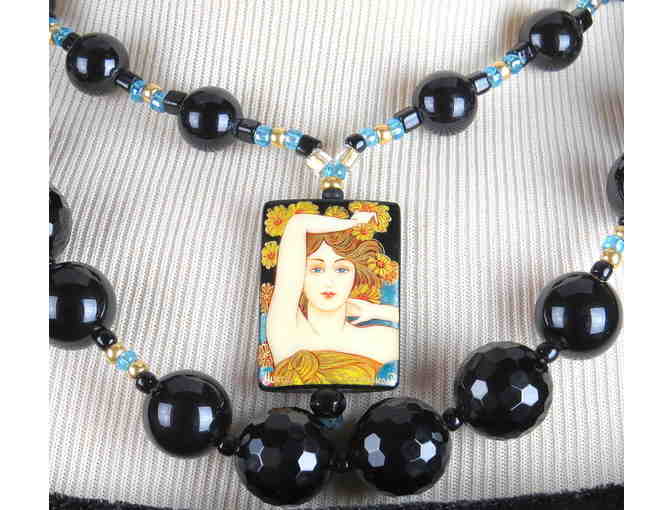1 OF A Kind Gorgeous!  GEMSTONE NECKLACE #406:  Features Hand Painted Artwork on ONYX!
