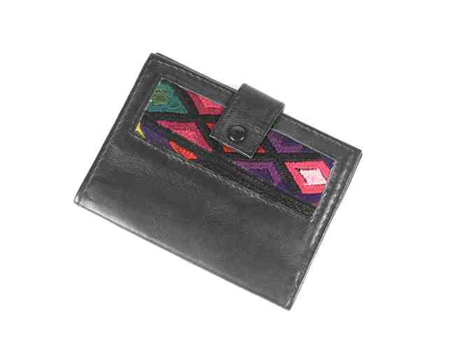 Leather Passport Holder with Indigenous Fabric - Black