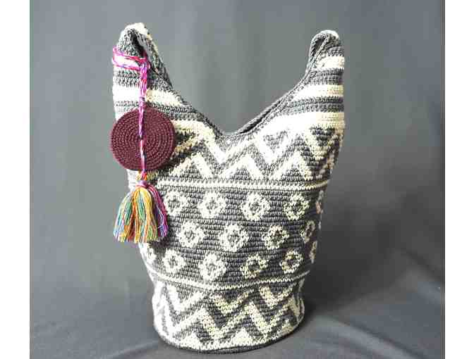 White and Grey Beach Tote with Pompom