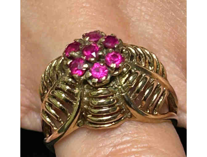 Vintage MCM 14K Yellow Gold & Ruby Filigree Dome Ring Size 7