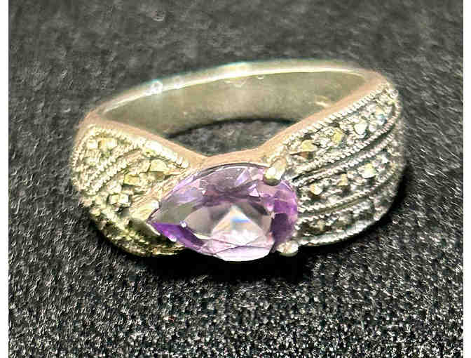 Amethyst and Marcasite Sterling Silver Ring Size 6 Vintage Inspired