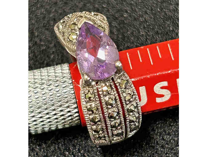 Amethyst and Marcasite Sterling Silver Ring Size 6 Vintage Inspired