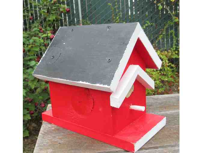 Red Bird House with Black Roof and White Trim