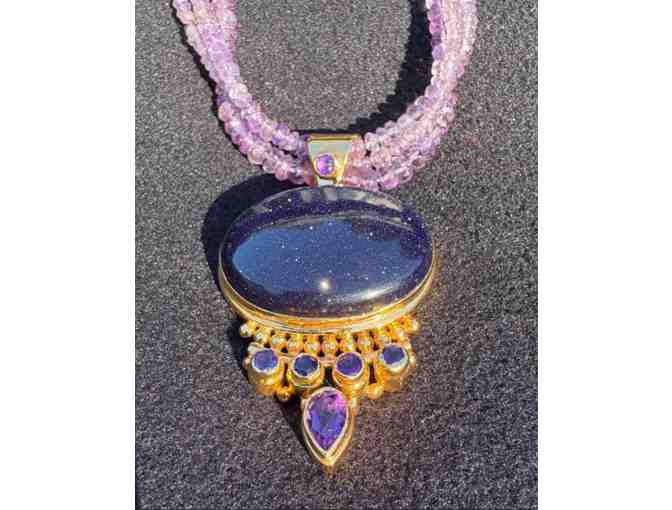 Deep Blue Goldstone Pendant with Amethyst-Colored Stone Chain Necklace