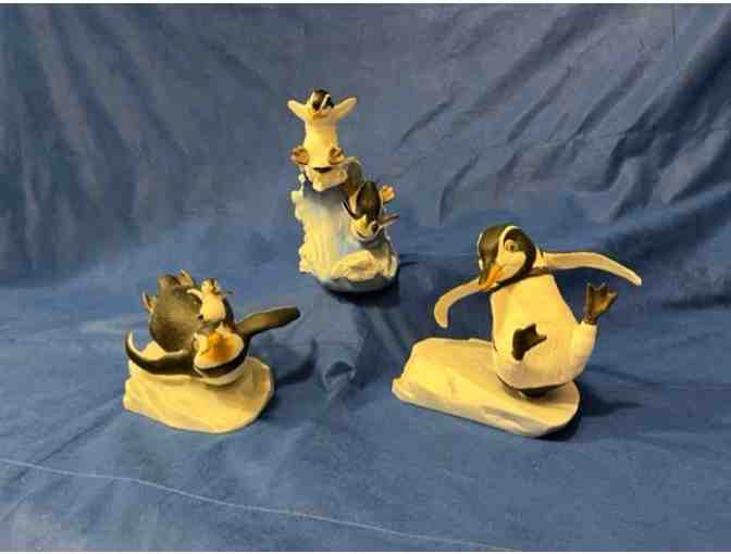 Pengins set of 3, from Franklin Mint, Surfin....Whoosh, Fell Down...Whoops, Riding on Mom