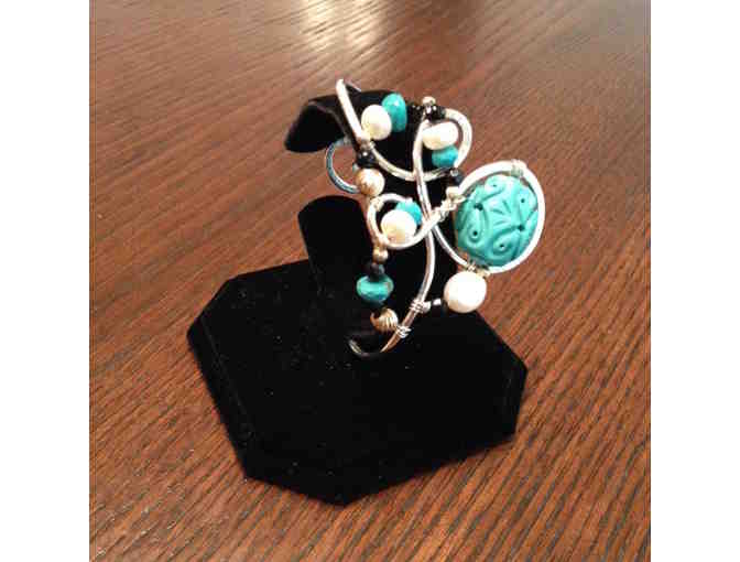 Sterling Silver Cuff Bracelet with Turquoise, Onyx and Pearl