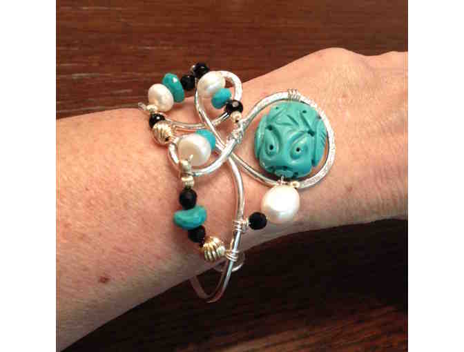 Sterling Silver Cuff Bracelet with Turquoise, Onyx and Pearl