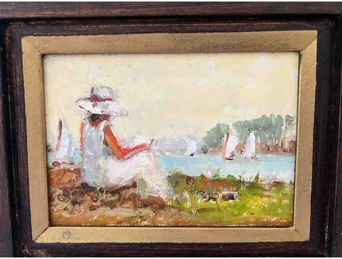 Small Oil Painting of Woman on Shore Watching Boats