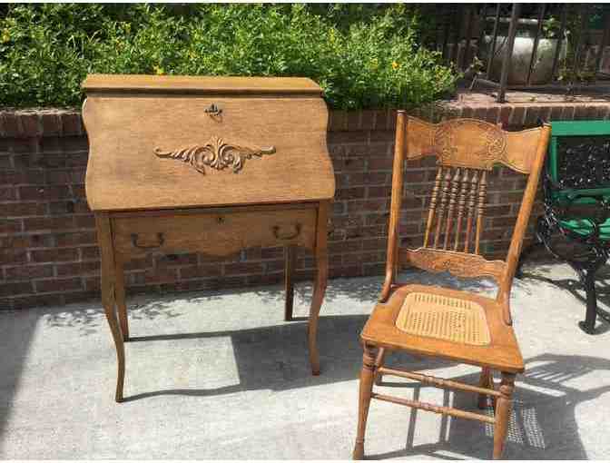Antique Oak Desk and Pressed Back Chair