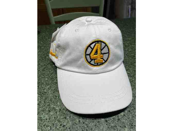 WHITE BOBBY ORR HAT WITH GOLD TRIM BY LITTLE ASPEN ATHLETICS - ADJUSTIBLE - LEATHER STRAP