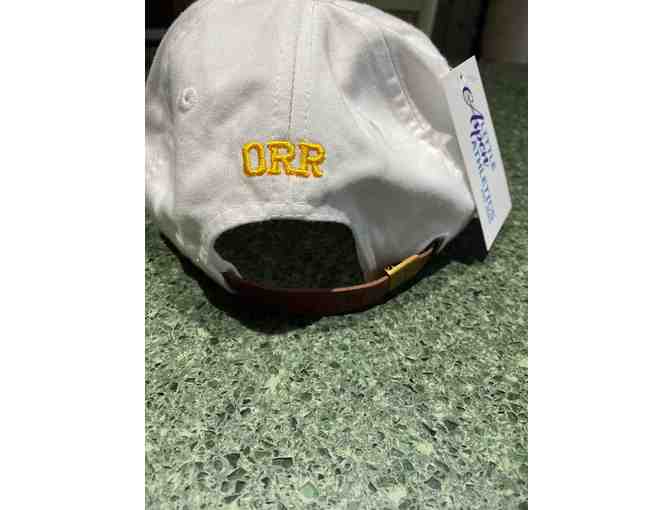 WHITE BOBBY ORR HAT WITH GOLD TRIM BY LITTLE ASPEN ATHLETICS - ADJUSTIBLE - LEATHER STRAP