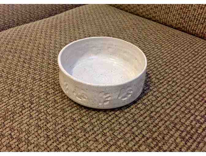 Handmade Pottery- white dog bowl with paw prints