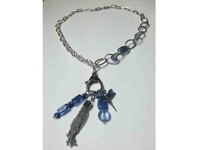 Handmade Necklace of Blue Beads and Lobster Claw with Charms