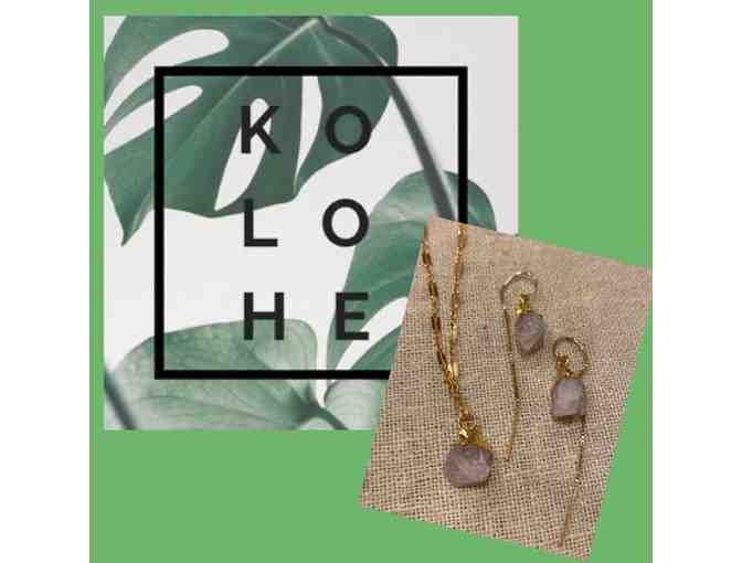 Kolohe gold chain with purple stone with matching drop earrings