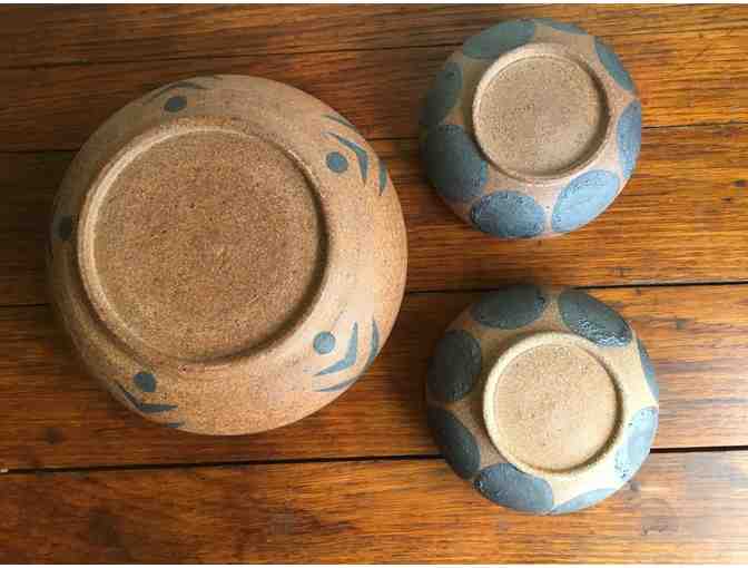 Trio of Stoneware Bowls with Peacock Glaze by Heather Levine