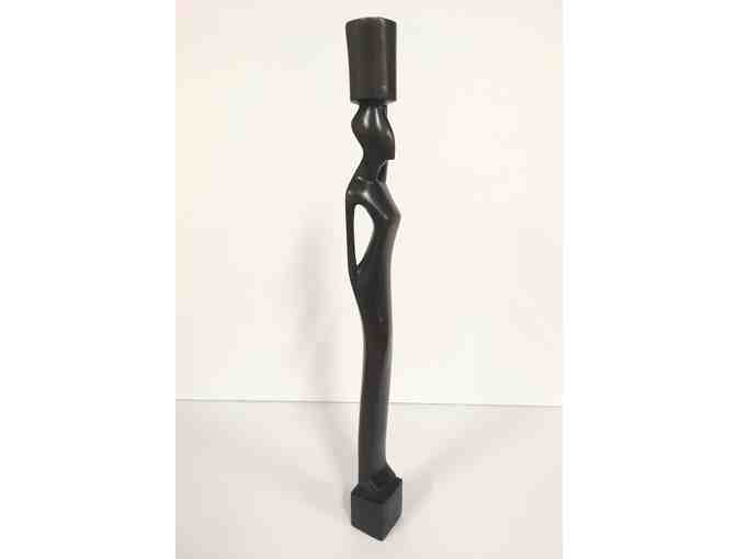 VINTAGE HAND-CARVED TRIBAL TALL ELONGATED WOOD CANDLE HOLDER