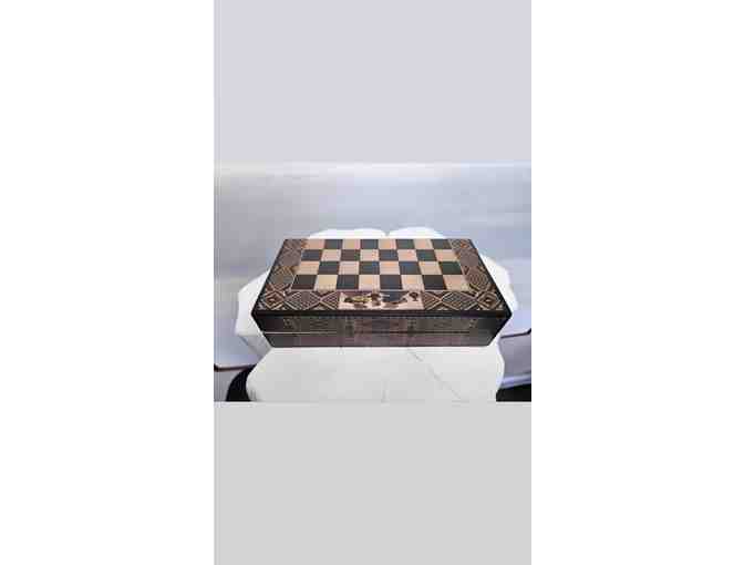 Peruvian Convertible Wooden Chess Box 'Inka vs Conquerors'