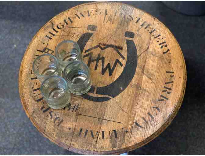 Mark Miller Collection- High West Whiskey Barrel Top Lazy Susan and Set of 4 Shot Glasses
