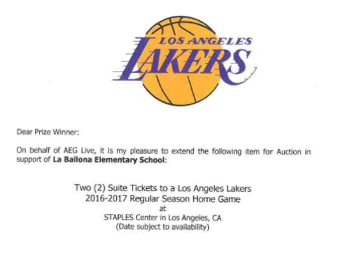 Two Suite Tickets to a LA Lakers Regular Season Home game