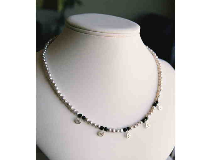 Necklace - Sterling Silver Swirls with Pale Grey Freshwater Pearls and Onyx