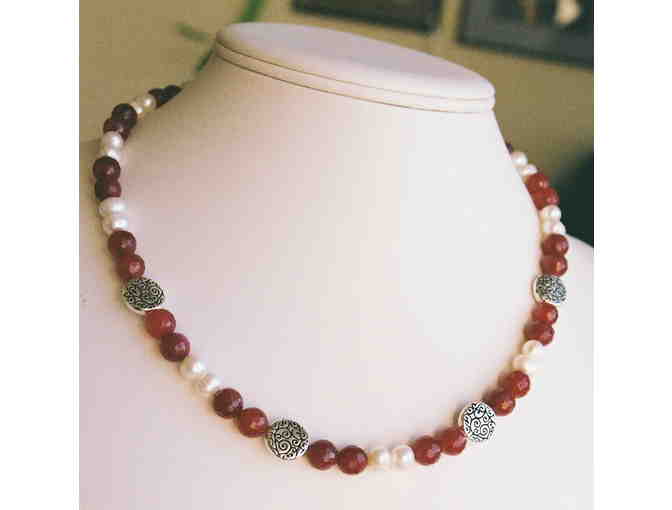 Necklace - Carnelian, Freshwater Pearls, Pewter Paisley Disks