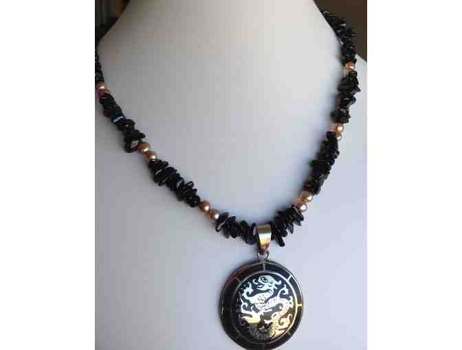 Necklace - Dragon Themed Tibetan Pendant, Black Tourmaline Nuggets, Beige Freshwater Pearl