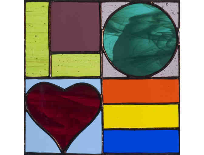 LOVE, stained glass panel by Deaf artist, Jacqueline Schertz