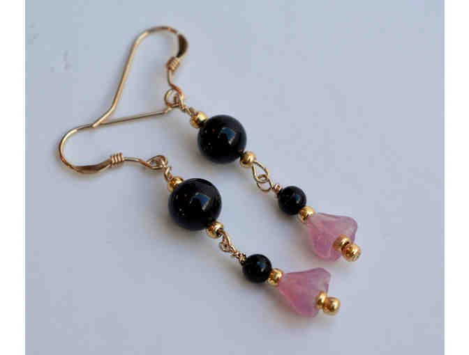 Gold and Pink Lampwork Art Glass with Onyx - Necklace and Earring Set