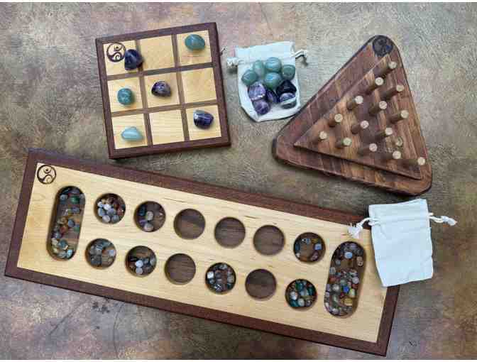 Handmade wood games: Triangle peg game, tic tac toe, Mancala