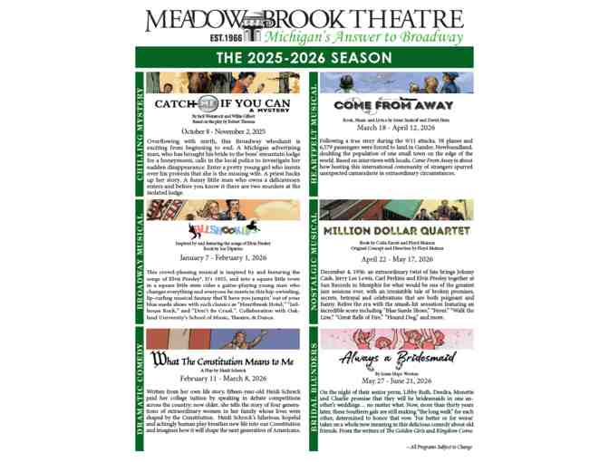 Season Tickets for 2 at Meadow Brook Theatre for the 2025/2026 Season