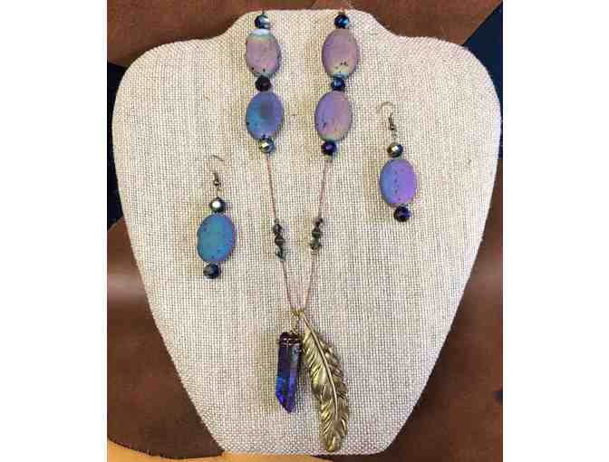 Feather and Amethyst Crystal Necklace and Earring Set