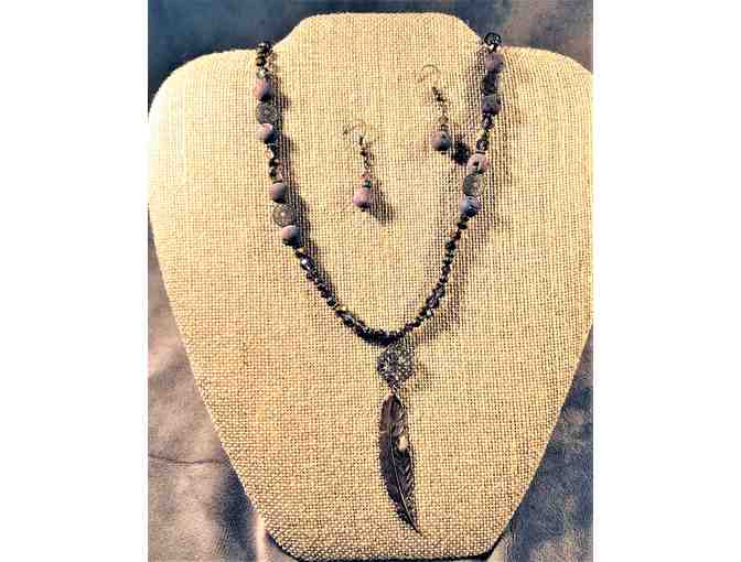 Feather, Druzy, and Swarovski Necklace and Earring Set