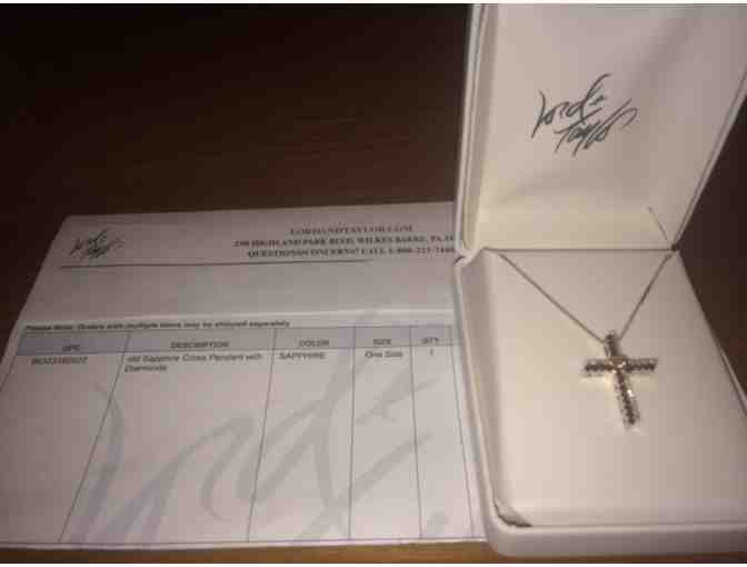 LORD & TAYLOR Sterling Silver and 14Kt. Yellow Gold Sapphire Cross Pendant with Diamonds