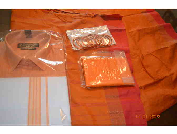Orange Saree and Men's Shirt/Dhoti Set - His and Hers