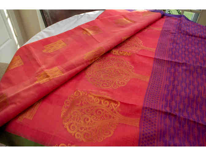 Silk cotton saree in Salmon color with zari work