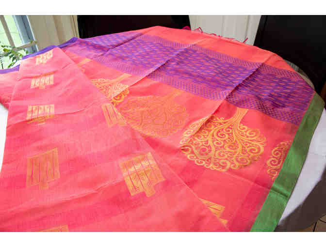 Silk cotton saree in Salmon color with zari work